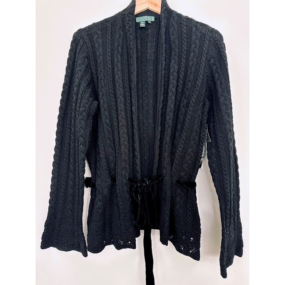 Lauren Ralph Lauren Black Cable Knit Chunky Cardigan Velvet Belt XL NWT Whimsy - Picture 8 of 10